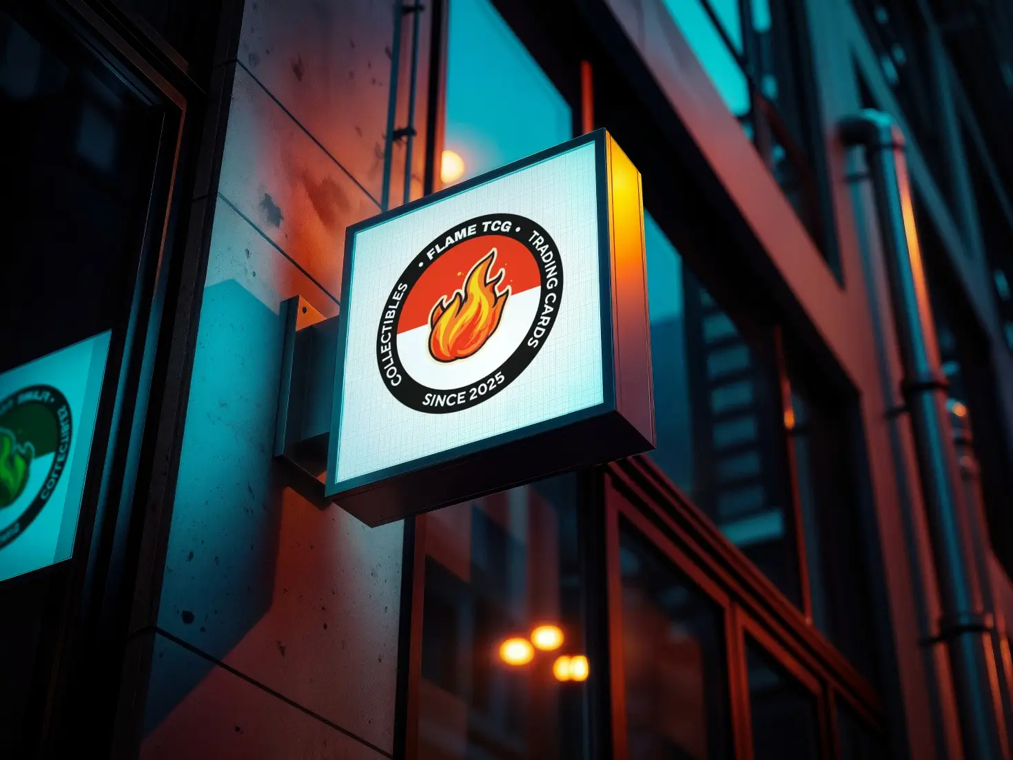Verlicht uithangbord met het logo van FlameTCG